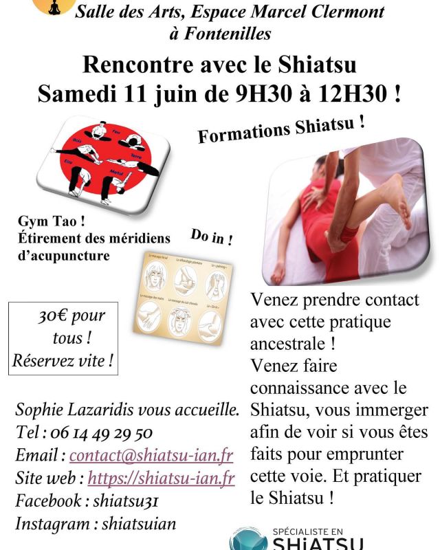 Venez à la découverte du Shiatsu :
Samedi 11 juin 2022 de 9H30 à 12H30 : 30€ pour tous.
Une matinée pour prendre contact avec une pratique ancestrale, Une matinée pour faire connaissance avec le Shiatsu, vous immerger afin de voir si vous êtes faits pour emprunter cette voie et pratiquer le Shiatsu.